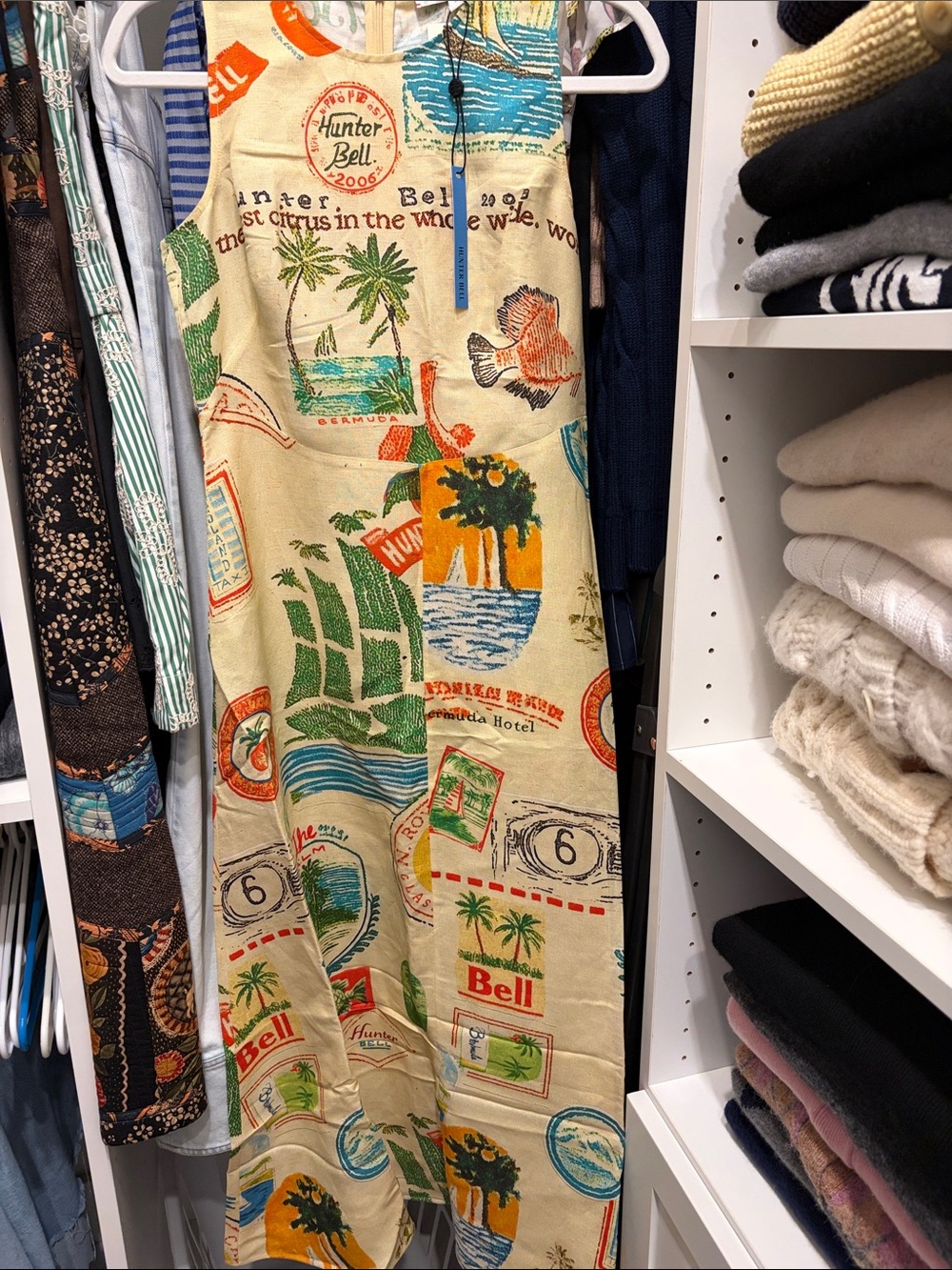 HUNTER BELL Cream Midi dress with Green, Blue & Orange Travel Print 4